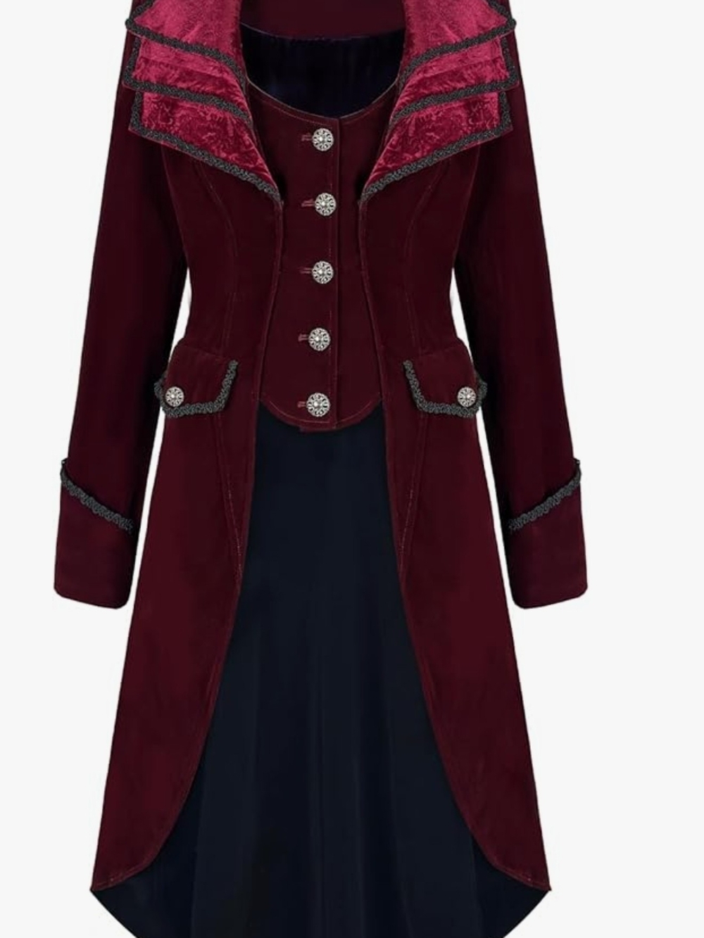Burgundy Velvet Tailcoat Trench with Contrasting Collar